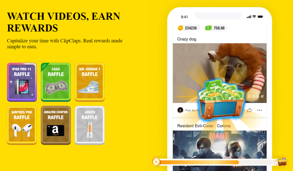 Image showing the ClipClaps app with earning possibilities. 