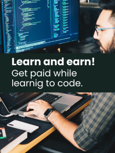 Fetured image showing the programmer coding and headline "Get paid while learning to code."