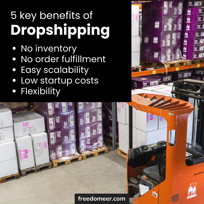 Inventory with headline: 5 key benefits of dropshipping: 
No inventory
No order fulfillment
Easy scalability
Low startup costs
Flexibility