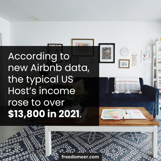 An image showing an apartment with the headline: "According to new Airbnb data, the typical US Host’s income rose to over $13,800 in 2021."