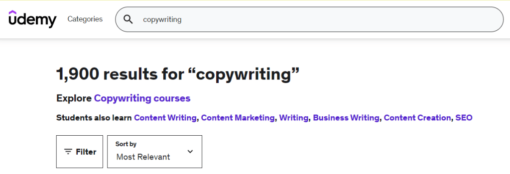 Udemy's number of available copywriting courses. 
